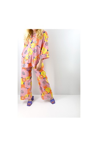 Modaonna Kadın Pembe Renk Vintage Desen Gömlek Pantolon Takım Pembe