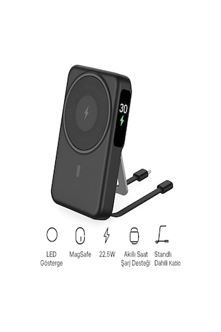 10000mah 22.5w Type-c Lightning Kablolu/kablosuz Standlı Telefon/saat Şarj Lcd Magsafe Powerbank Black