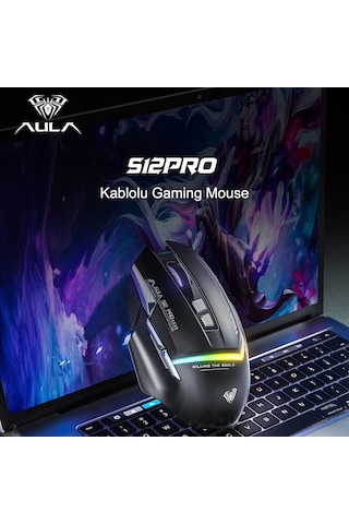Aula S12 Pro 12800 Dpı 8 Tuşlu Makrolu Kablolu Optik Gaming Oyuncu Mouse Siyah S12