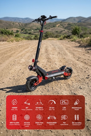 5025-k 1000w Elektrikli Scooter 48v 15.6ah 50-60 Km Menzil Katlanabilir Çift Süspansiyon Off-road Lastik Kırmızı