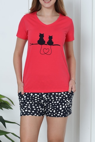 Kadın Şortlu Ve Uzun Pijama Takımı Kısa Kollu 3 Lü Set Likralı Cepli Nar