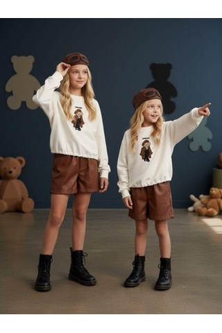 Kız Çocuk İki İplik Ayıcık Nakışlı Tasarım Sweatshirt-16467 Ekru Kahve