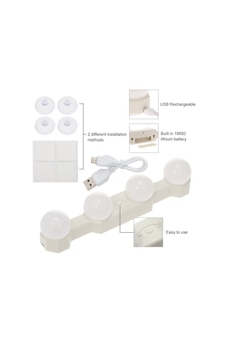 Maiyame Usb Şarjlı 4 Led Ampüllü Aynalı Aydınlatma, Kablosuz Ve Taşınabilir, Çift Renk Sıcaklığı, 5 Parlaklık Seviyesi, Kolay Kurulum. Beyaz