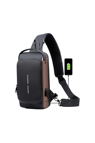 Yulong Arion Usb Şarj Portlu Ve Kilitli Omuz Ve Göğüs Çantası Kahverengi - Siyah
