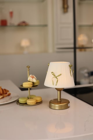 Krem Kadife Süet Gold Fiyonk Kablosuz Şarjlı Masa Lambası - Alt Eskitme Gold Eskitme Gold