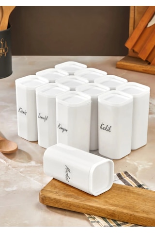 Etiketli 12'li 300 Ml Vakumlu Kapak Mika Beyaz Baharatlık Takımı - Sızdırmaz Conta Saklama Kabı Beyaz