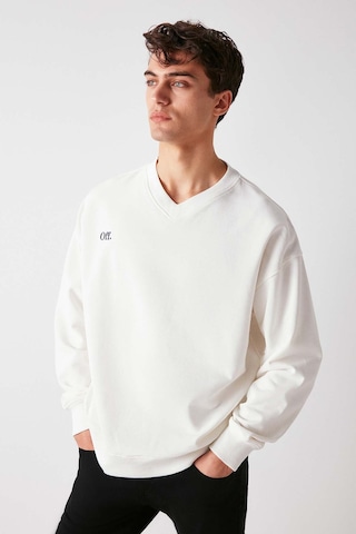 Grimelange Off Erkek Organik Pamuklu Yazı Nakış Detaylı V Yakalı Içi Polarsız Oversize Beyaz Sweatshirt