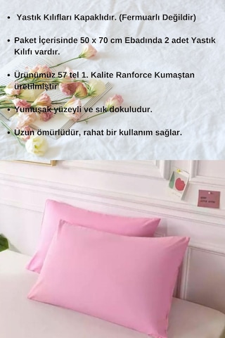 Pembe Renkli Pamuklu Ranforce Kumaştan Yastık Kılıfı 2 Adet
