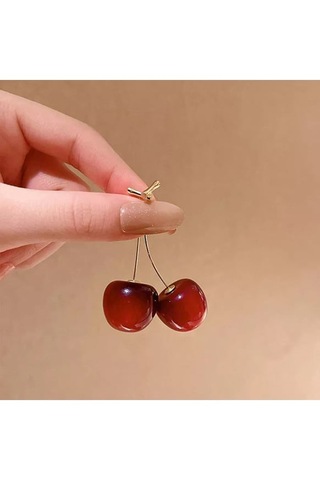 Altın Kaplama Kiraz Cherry Küpe Kırmız - Altın