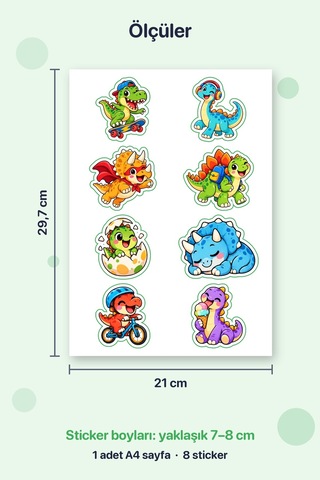 Dinozorlar İş Başında 8 Adet Dinozor Sticker Seti A4 Matara Ve Defter İçin Çok Renkli