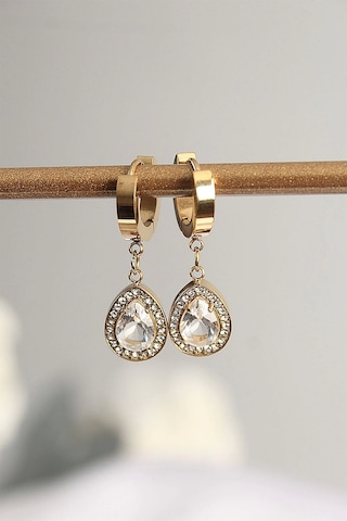 316l Çelik Gold Renk Taşlı Damla Model Küpe Çok Renkli