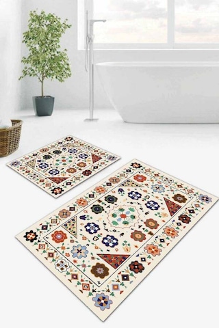 Krem Etnik Desen Banyo Halısı Klozet 2'li Paspas Seti Bs040n11