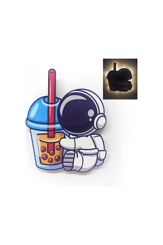 Astronot Içecek Ahşap Işıklı Çocuk Odası Duvar Tablosu