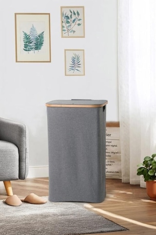 Mien Bambu Kenarlı Kumaş Katlanabilir 100 Lt Çamaşır Sepeti 44x33x70 Gri