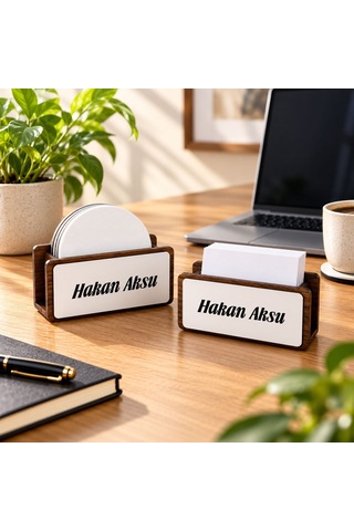 Bk Gift Kişiye Özel Ahşap Masaüstü Stand Kartvizitlik Ve Bardak Altlığı Tutucu Çok Renkli
