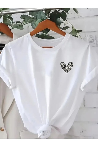 Kadın Kalp Baskılı T-shirt Kısa Kol Bisiklet Yaka Oversize Rahat Kalıp Günlük Tişört - Beyaz