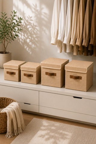 Dolap Düzen Seti 4lü Organizer Kutu 2 Adet 20x20x20 Cm + 2 Adet 25x25x25 Cm Kapaklı Jüt Saklama Kutusu Doğal