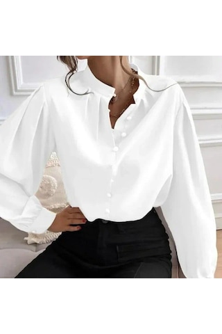 Yarım Açık Yaka Bluz 2023 Sonbahar Gömlek Kadın Düz Renk Gevşek Uzun Fener Kollu Zarif Giysiler Blusas Tops 29732 Beyaz