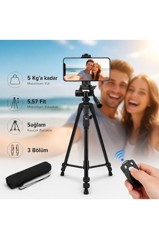 Profesyonel Kamera Ve Telefon Tripodu 155 Cm Bluetooth Kumandalı Su Terazili 3 Yollu Kafa Fotoğraf Video Çekim Tripodu 155cm