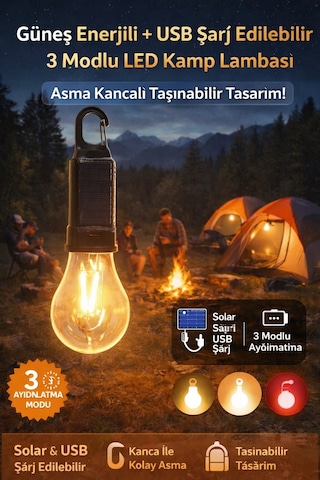 6 Adet Güneş Enerjili Usb Şarjlı 3 Modlu Led Asma Kancalı Taşınabilir Kamp Feneri Aydınlatma Lambası Çok Renkli