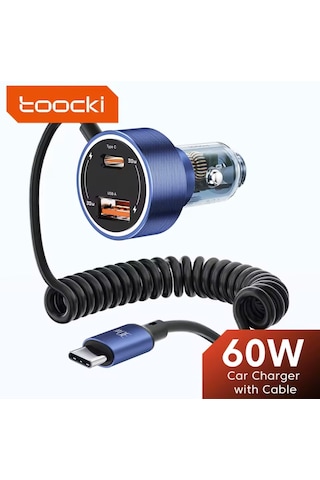 Toocki 60w Yaylı Şarj Kablolu 3 Girişli Type-c Ve Usb Hızlı
