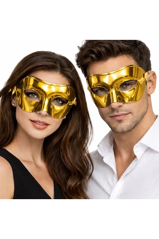 Lunaev Metalize Parlak Parti Maskesi Altın Gold Renk 16x7 Cm "
