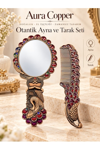 Aura Copper Tavus Kuşu Motifli Mineli El Aynası Ve Tarak Seti 2 Parça Ac-at-003-eskitme Bordo