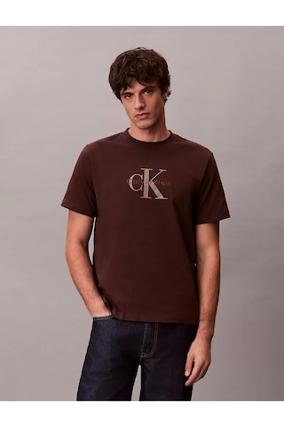 Erkek Normal Kesim Yuvarlak Yakalı Ck Logo Baskılı Pamuklu Kısa Kollu Kahverengi T-shirt Kahverengi