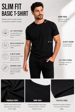 Luxıc Core Erkek Slim Fit Siyah Bisiklet Yaka Pamuk Penye Günlük Rahat Basic Tişört