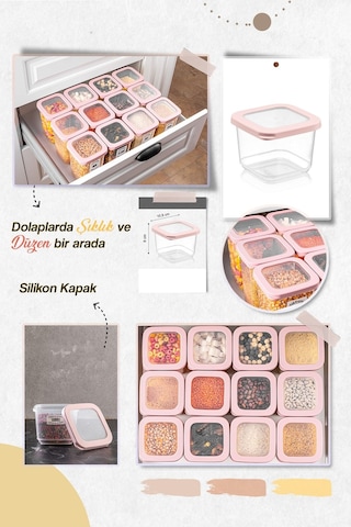 Meleni Home 24'lü Rosie Küçük Boy Silikon Kapaklı Kare Erzak Saklama Kabı Seti 24x 500 ML Baharatlık Seti Pembe