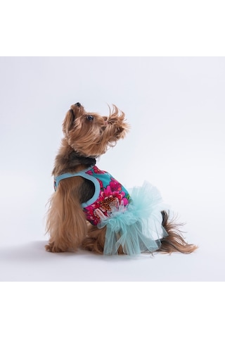 Green Wildflowers Yeşil Çiçek Desenli Kedi Köpek Elbisesi - Kedi Köpek Kıyafeti