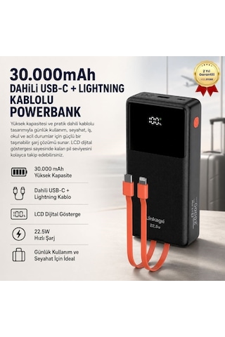 30.000mah Dahili Usb-c + Lightning Kablolu Powerbank Lcd Göstergeli Taşınabilir Hızlı Şarj Cihazı-1666 Siyah
