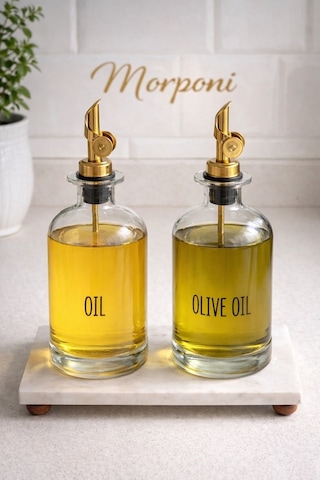 Qerhome Mermer Stantlı 2'li Gold Başlıklı Şeffaf Cam Yağdanlık Seti 500 Ml+500 Ml Oliva Glass Şeffaf