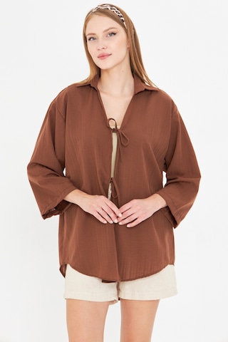 Armonika Kadın Kahve Gömlek Yakalı Önden Bağcıklı Kimono Gömlek Arm-25k001006 Kahverengi