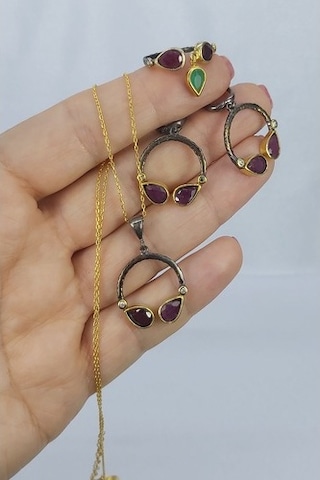 925 Ayar Yakut Taşlı 3 Lü Gümüş Set