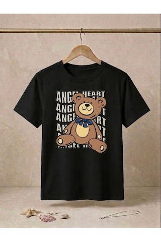 Unisex Ayıcık Baskılı Kompakt T-shirt Siyah