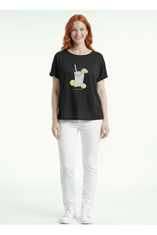 Neden Tekstil Kadın Siyah Limonata Baskılı Rahat Kesim T-shirt