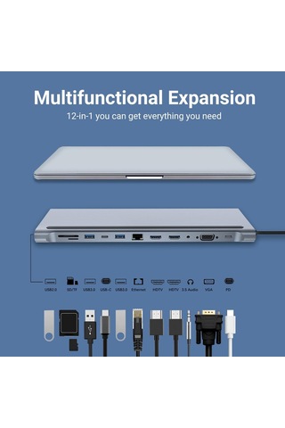 Lunatic 7011 Usb C Hub Multiport Adapter, 12 İn 1 Docking Station Usb C With 4k Hdmı, Vga, 3 Usb 2.0 & Usb 3.0, Pd 100w, Ethernet Rj45 Port, Sd/tf Reader, 3.5mm Aux For Macbook Pro/air And Other Type C Laptops