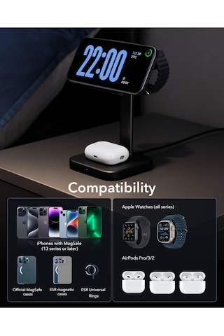 Halolock 3 İn 1 iPhone + Apple AirPods Uyumlu Watch Magsafe Şarj Standı Siyah Mfm Lisans