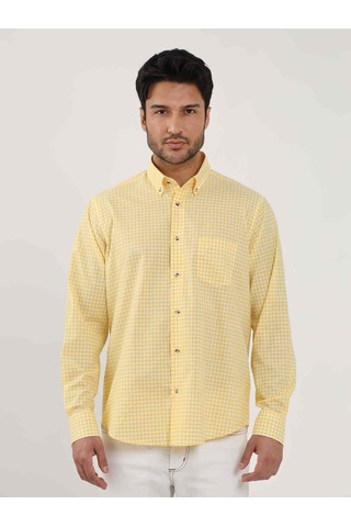 Dufy Sarı Erkek Regular Fit Kareli Brent Düğmeli Yaka Uzun Kol Gömlek - 102349-sarı Sarı