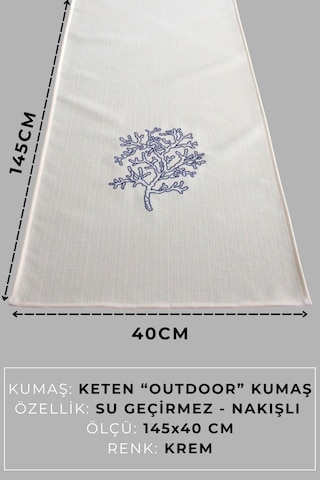 Marin Nakışlı Runner 145x40 Ve 45x45 Kırlent Seti Yosun Desen Su İtici Outdoor Keten Tekne Bahçe Krem