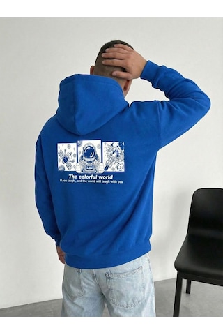 Mbb E-ticaret Erkek Baskılı Kapüşonlu Cepli Hoodie 3 İplik Pamuklu Sweatshirt - Saks Mavisi Mavi