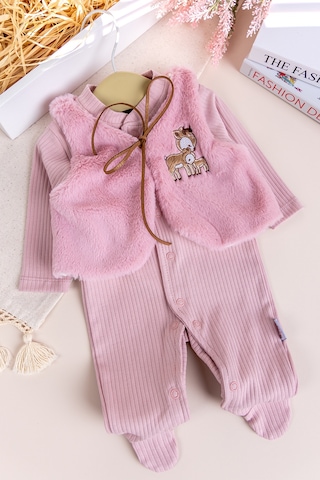 Peluş Yelekli Pamuklu İkili Kız Bebek Tulum Set Gülkurusu