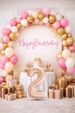 2 Yaş Pompa Hediyeli Doğum Günü Seti Banner Gold Pembe Kum Beji Beyaz Balonlar Rose Gold Rakam Çok Renkli