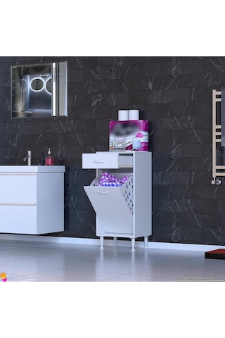 Modilayn Melis 45x88x32,5 Cm Çekmeceli Çamaşır Sepetli Banyo Dolabı Beyaz