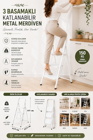 Perilla Class 3 Basamaklı Kaymaz Tabanlı Katlanır Metal Merdiven - Ekstra Güçlü Beyaz 101-150cm Arası
