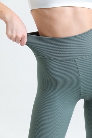 Haki Yüksek Bel Fitilli Toparlayıcı İnterlok Örme Şardonlu Spor Kışlık Tayt Haki