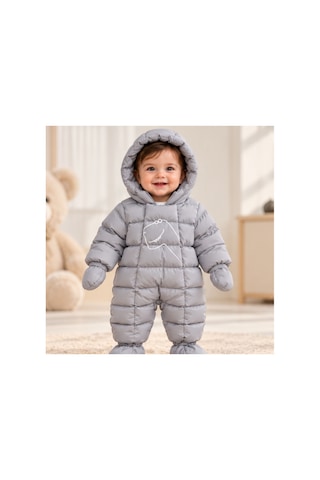 Maxx Kleın Bebek Erkek Çocuk Gri Kapüşonlu Şişme Astronot Tulum Dinozor Figürlü Patikli Tek Parça Bebek Dış Giyim 3-6 6-9 9-12 12-18 18-24 Ay