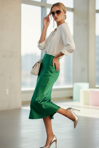 Fashion Cocktail Saten Dökümlü Belden Oturan Kalın Iç Lastikli Yırtmaçsız Diz Altı Midi Ofis Etek Yeşil