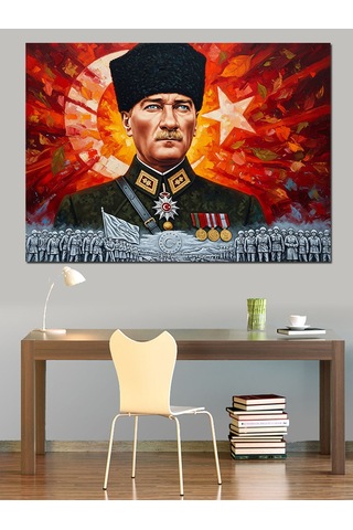 Türk Bayrağı Mareşal Mustafa Kemal Atatürk Ve Kahraman Türk Askeri Dekoratif Kanvas - Mdf Ahşap Tablo